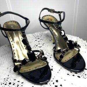 BCBGeneration women’s Black and Gold elegant dress stone decorations Heel Sandal